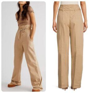 Boyish Cinched Straight LONG HEM Paper Bag Wide Leg Pants Sz 25 in KHAKI TAN